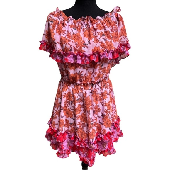 JESSICA SIMPSON PINK & ORANGE RUFFLE FLORAL PRINT OFF SHOULDER MINI DRESS SZ L - Picture 11 of 11